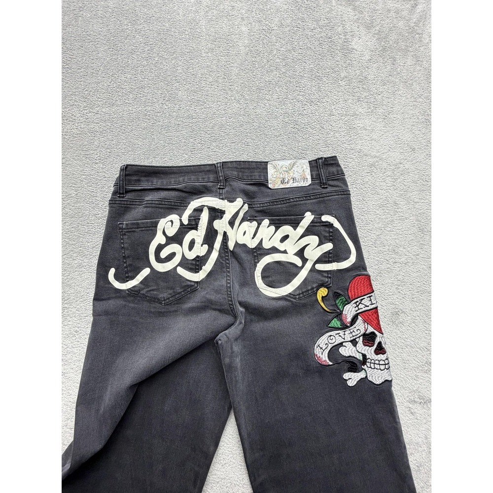 Ed Hardy Jeans‎ Womens Measured 32x32 Gray Wide-Leg Embroidered Skull Heart